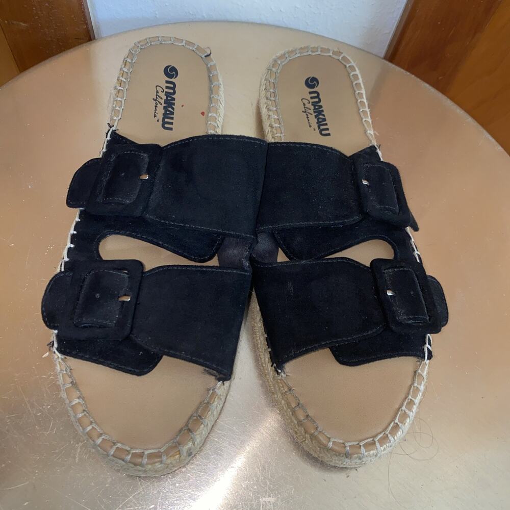 Makalu California Zoe Black Suede Look Buckle Strap Slide Sandals Rope Sole
